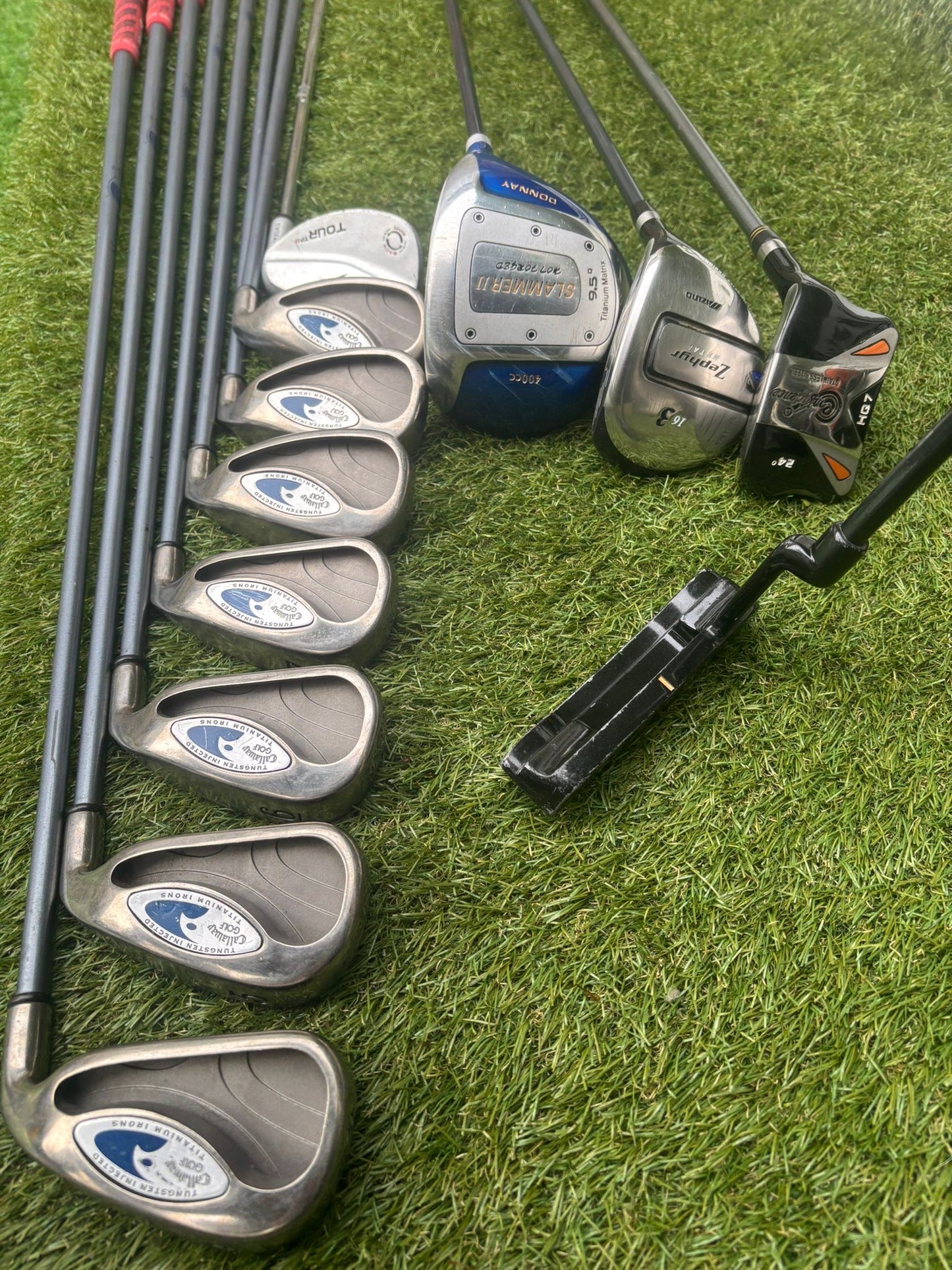Callaway Tungsten Titanium Irons + Donnay Driver + Mizuno Fairway + Confidence Hybrid + Callaway Stand Bag (12 Clubs)