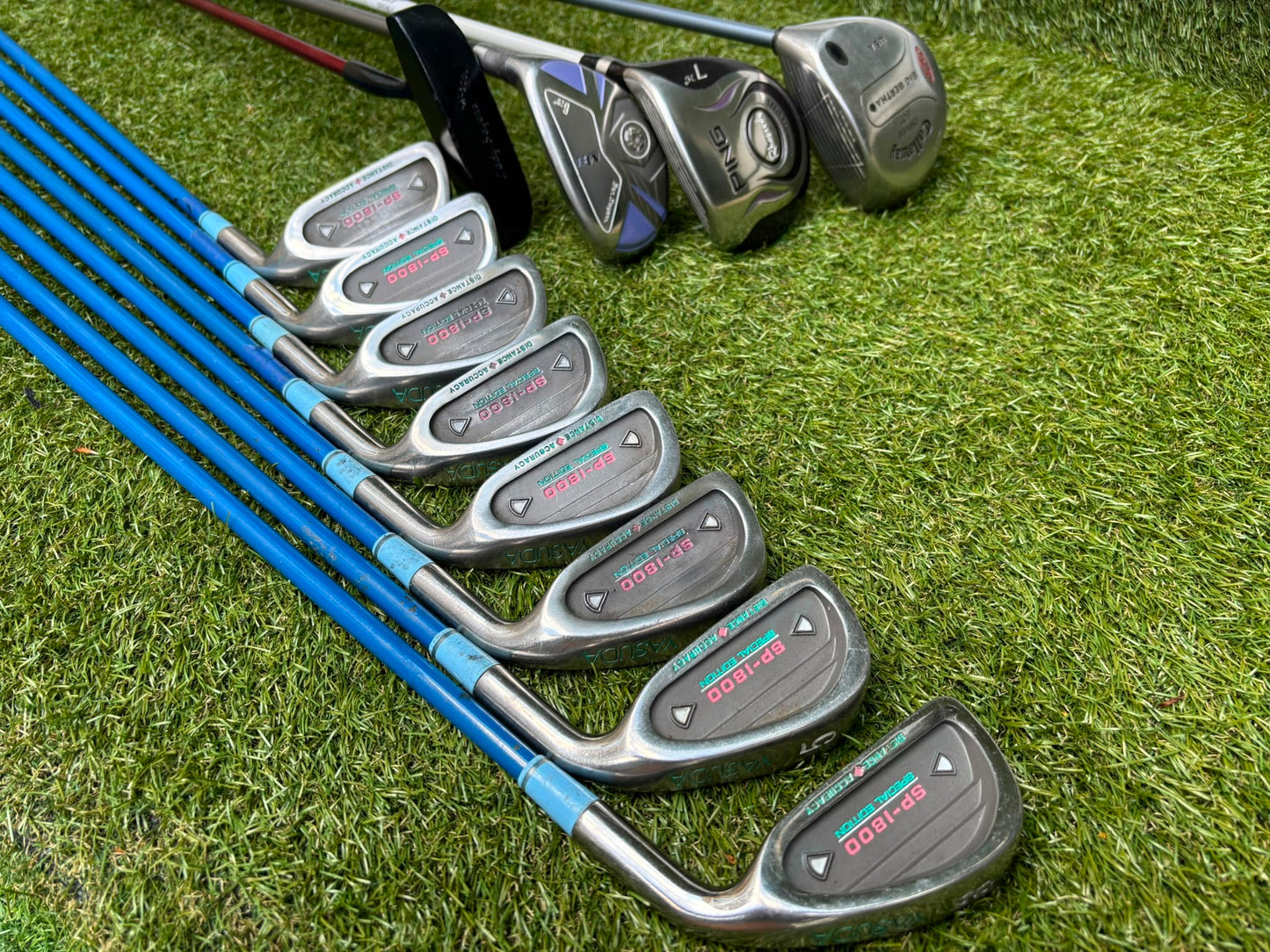 Ladies Yasuda SP-1800 Irons, Callaway Big Bertha Driver, Ping Rhapsody 7 Wood, Ben Sayers Hybrid & Stand Bag