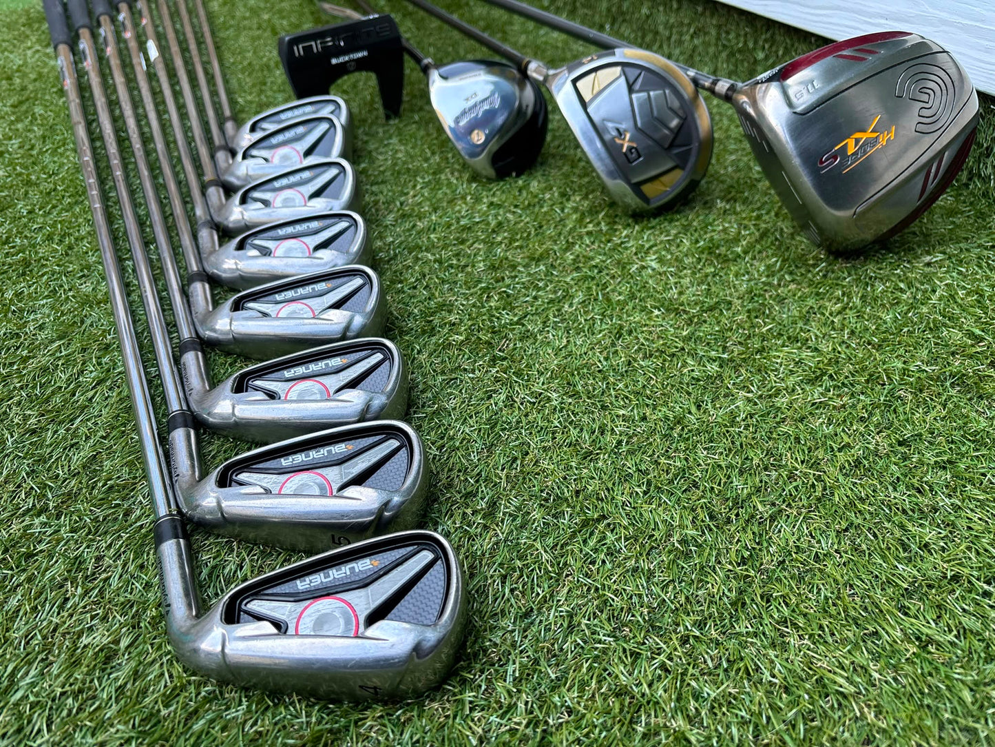 TaylorMade Irons, Cleveland Driver, GX-7 Wood, MacGregor 7 Wood, Wilson Putter & Ping Stand Bag