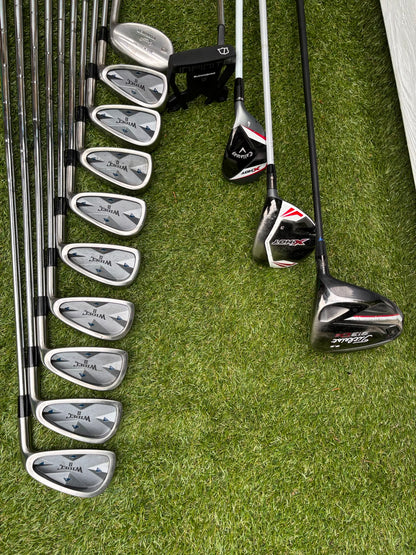 Mizuno Widec II Irons, Titleist 913 Driver, Callaway X Hot Woods, Wilson Infinite Putter & Titleist StaDry Cart Bag