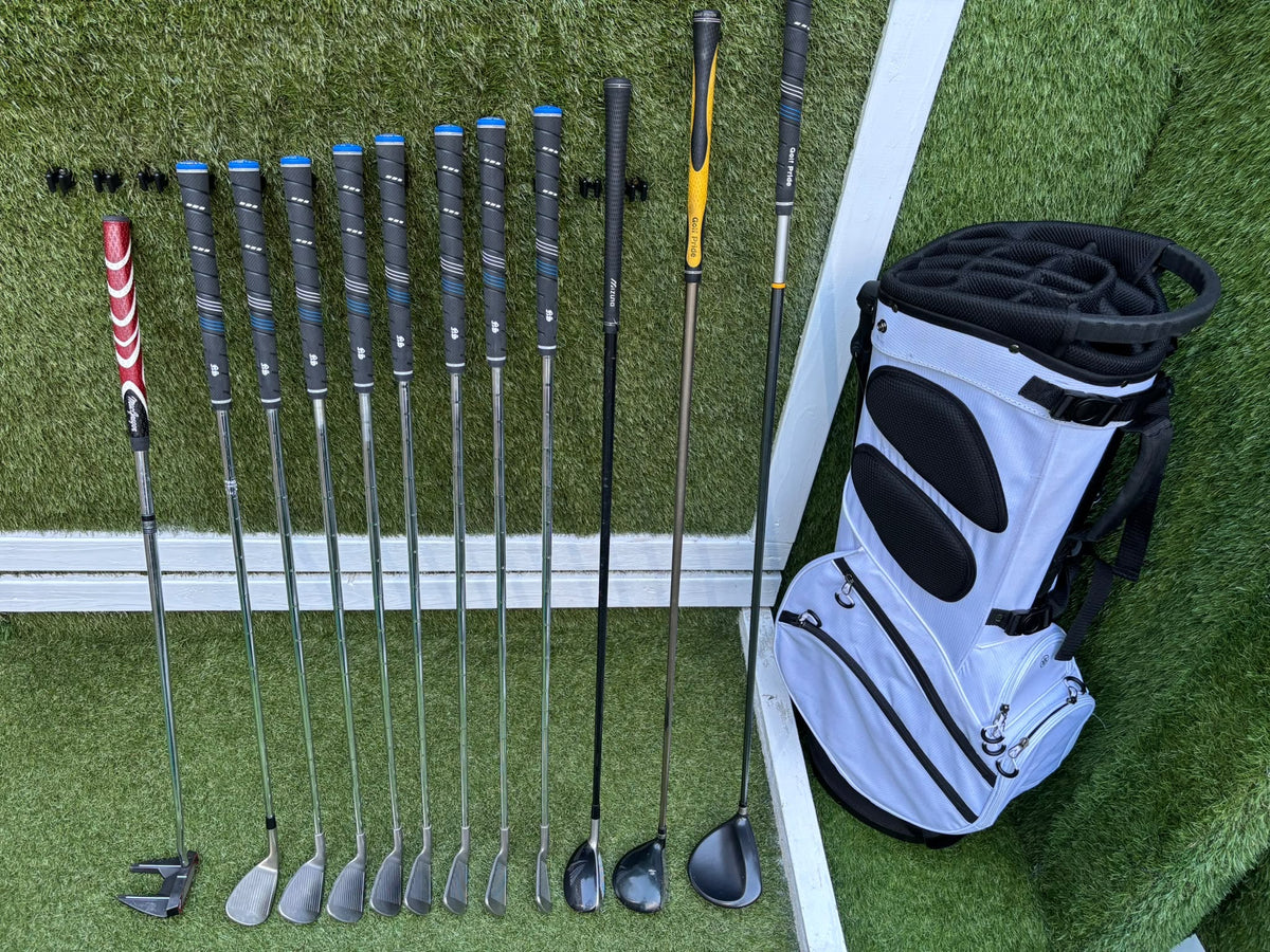 PING S59 4–PW Irons, Tour-W 52° Wedge, Cleveland HiBore Driver, Cobra 5 Wood, Mizuno Hybrid, MacGregor Putter & Stand Bag