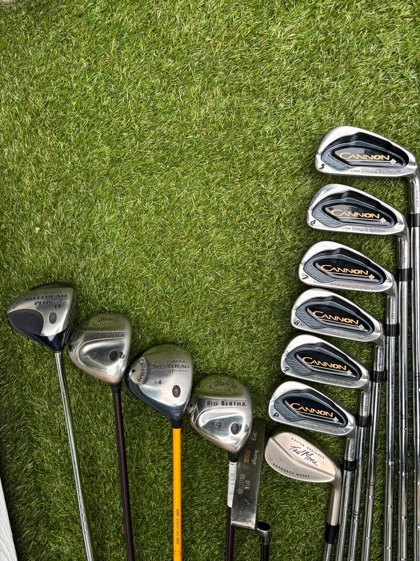 Callaway Big Bertha Woods, Spalding Cannon Irons (5–PW), Tad Moore Wedge & Caddymatic Cart Bag