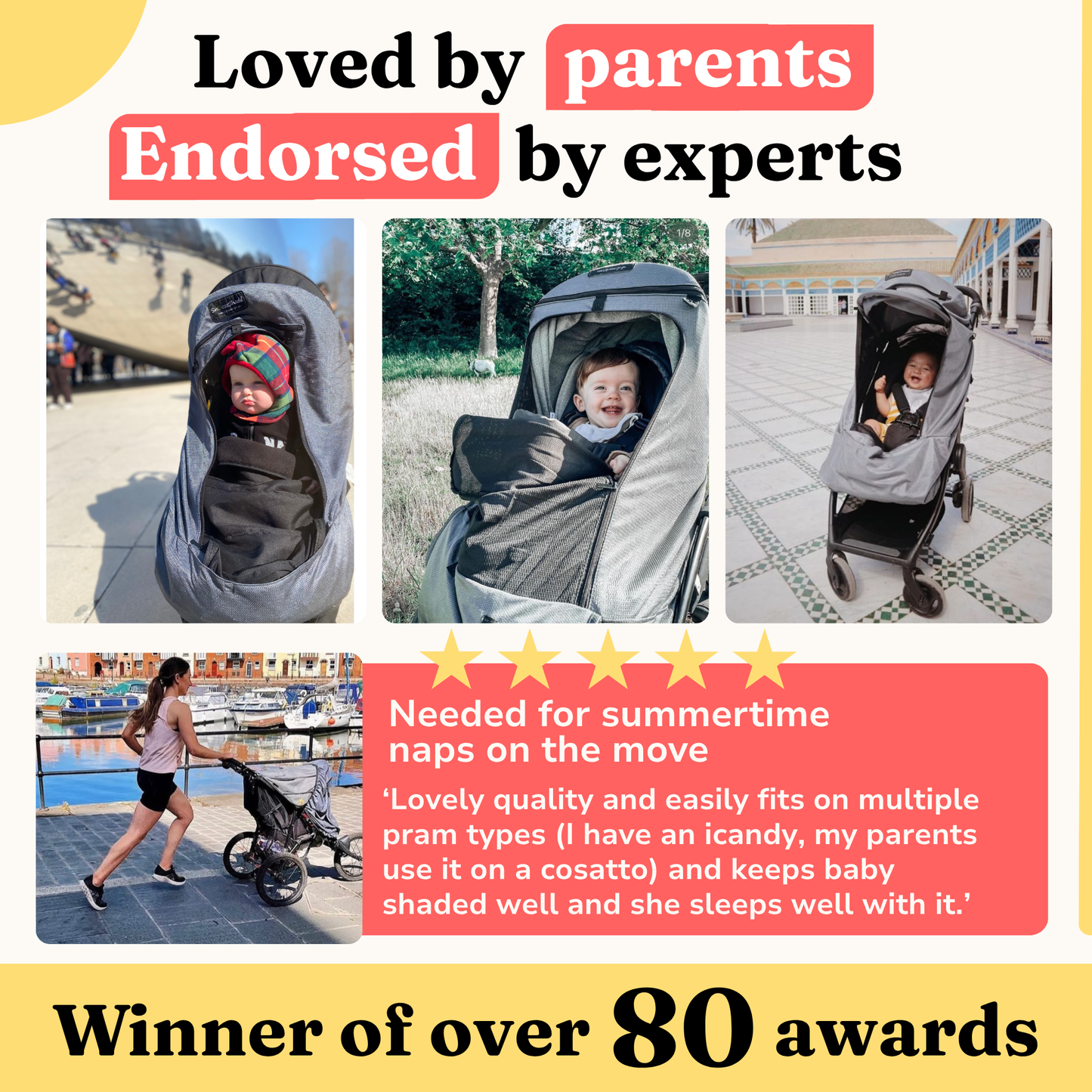SnoozeShade Plus Deluxe: premium sun and sleep shade and insect net for buggies and pushchairs
