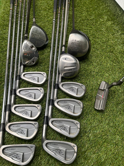 Mizuno Zoid Comp CT Irons + Titleist & Cobra Drivers + Mizuno Woods + Tail Moore Putter + PowaKaddy Cart Bag – 14 Clubs