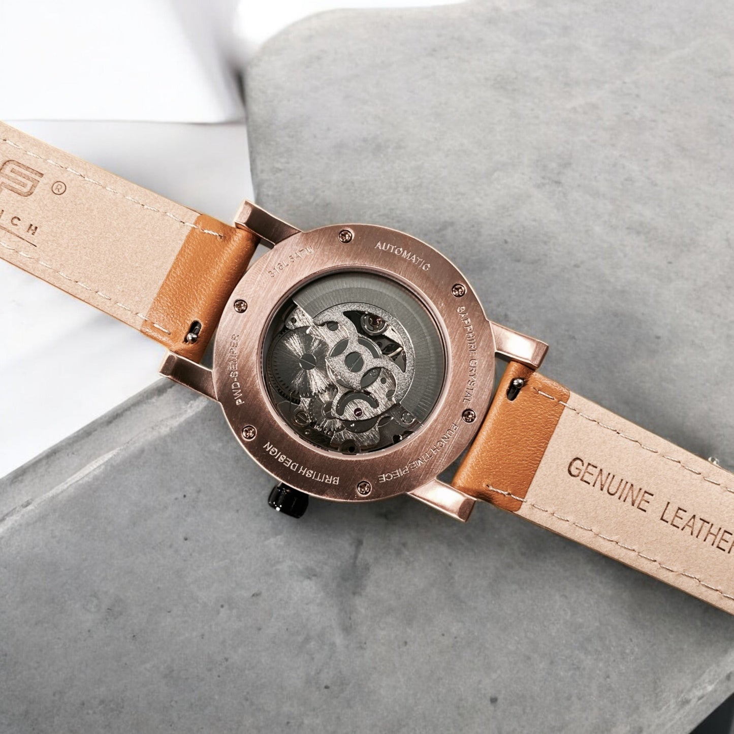 PUNCH Men's Rose Gold & Black Automatic Skeleton Watch - Tan Leather Strap