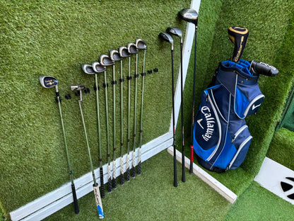 Wilson Deep Red Irons, Cobra Driver, TaylorMade Wood, TaylorMade Hybrid, Ping Putter Callaway Cart Bag