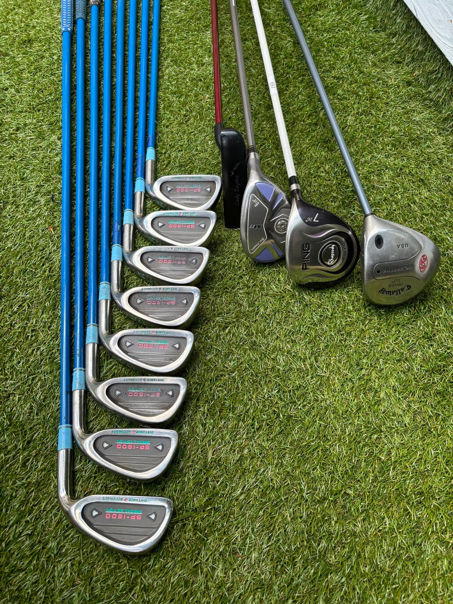 Ladies Yasuda SP-1800 Irons, Callaway Big Bertha Driver, Ping Rhapsody 7 Wood, Ben Sayers Hybrid & Stand Bag