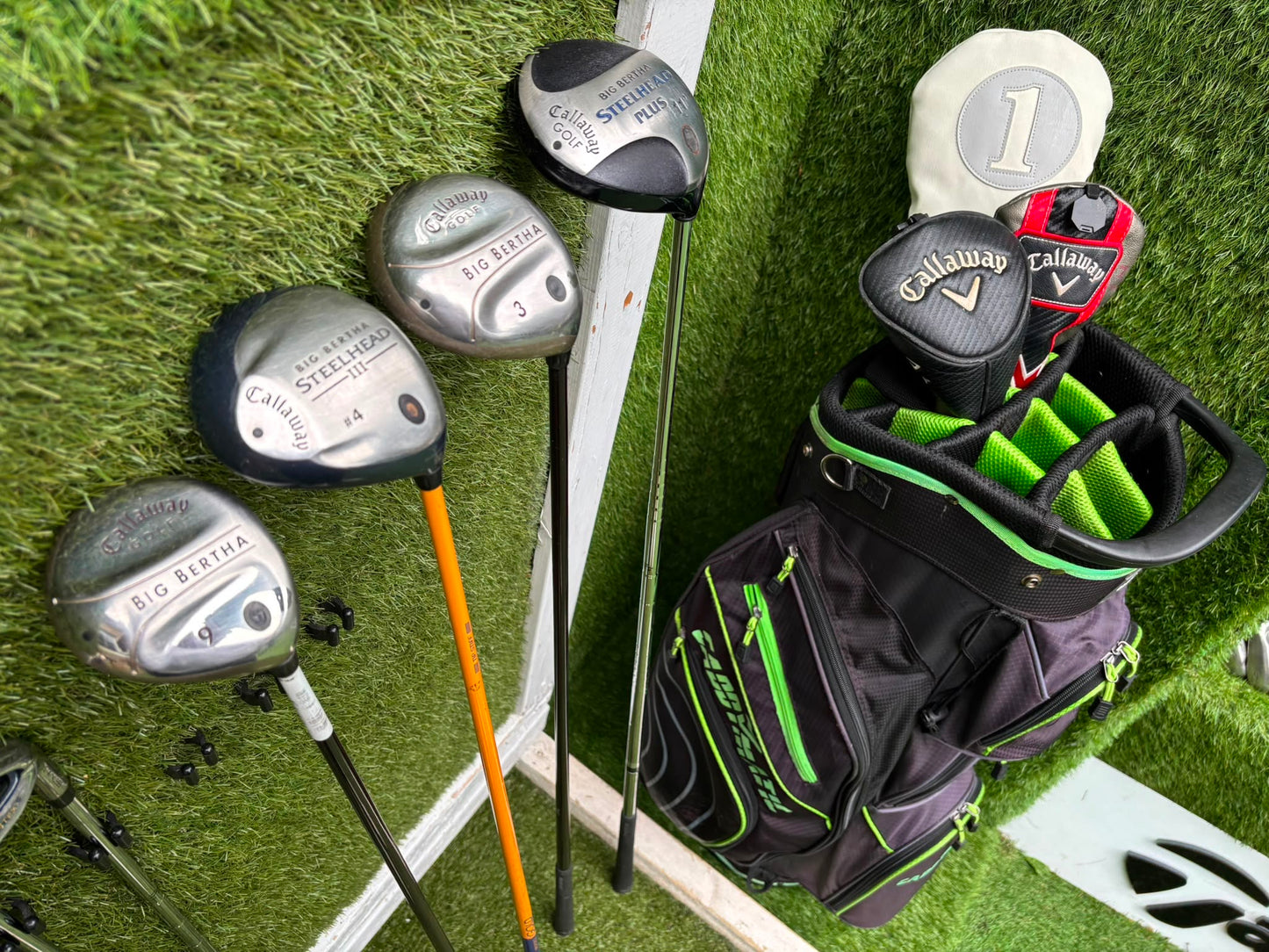 Callaway Big Bertha Woods, Spalding Cannon Irons (5–PW), Tad Moore Wedge & Caddymatic Cart Bag