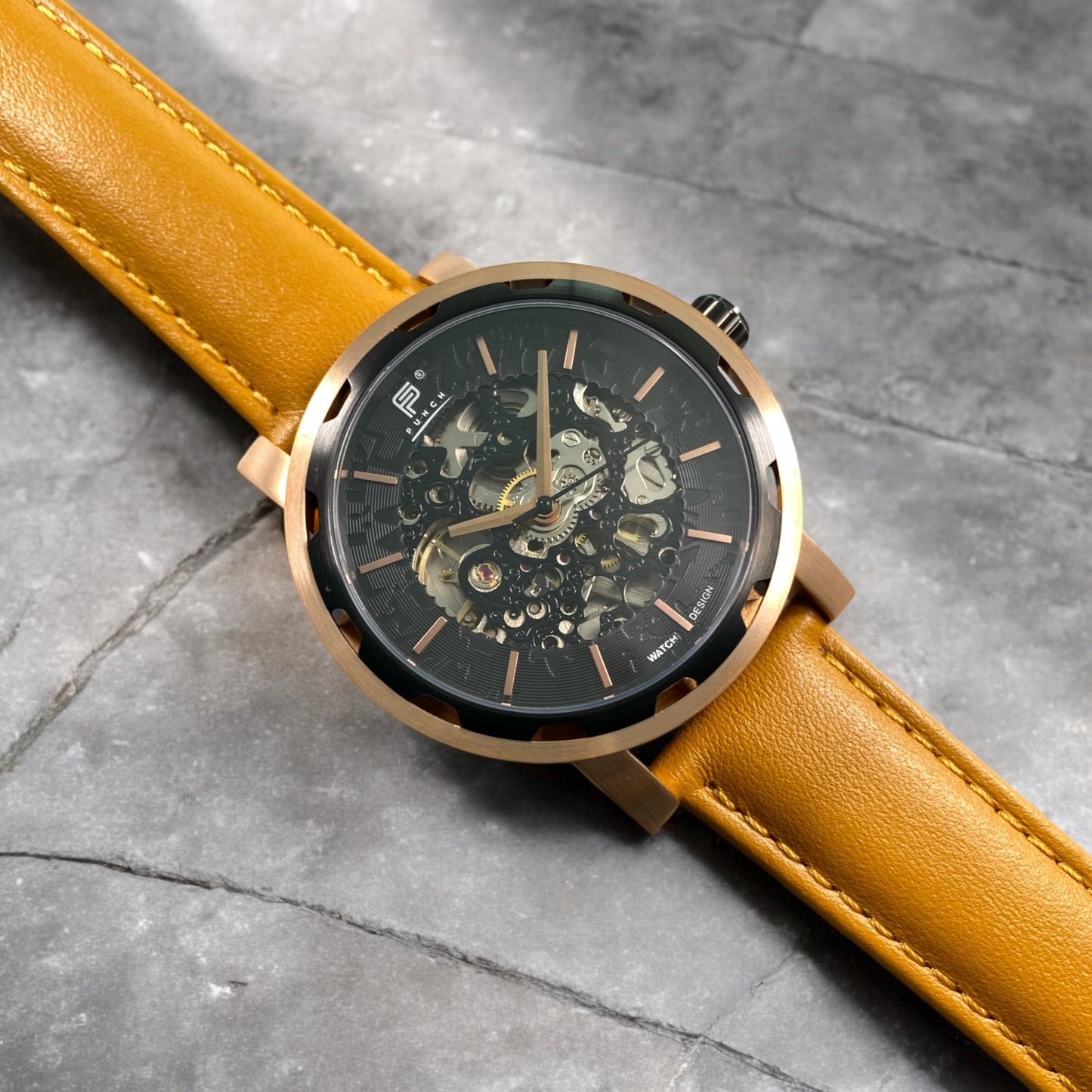 PUNCH Men's Rose Gold & Black Automatic Skeleton Watch - Tan Leather Strap