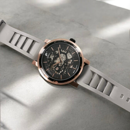 PUNCH Mens Watch, Rose Gold & Black Skeleton Automatic Watch - Grey Rubber Strap