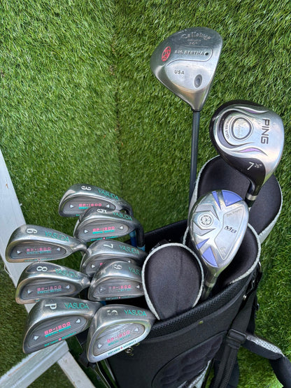 Ladies Yasuda SP-1800 Irons, Callaway Big Bertha Driver, Ping Rhapsody 7 Wood, Ben Sayers Hybrid & Stand Bag