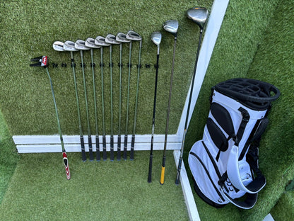 PING S59 4–PW Irons, Tour-W 52° Wedge, Cleveland HiBore Driver, Cobra 5 Wood, Mizuno Hybrid, MacGregor Putter & Stand Bag