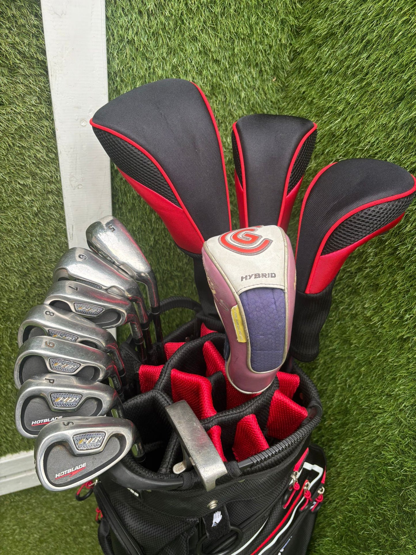 Wilson HotBlade Irons (5–SW) with Dunlop XPT Driver, Callaway & Mizuno Woods, Cleveland Hybrid Benross Cart Bag (12 Clubs)