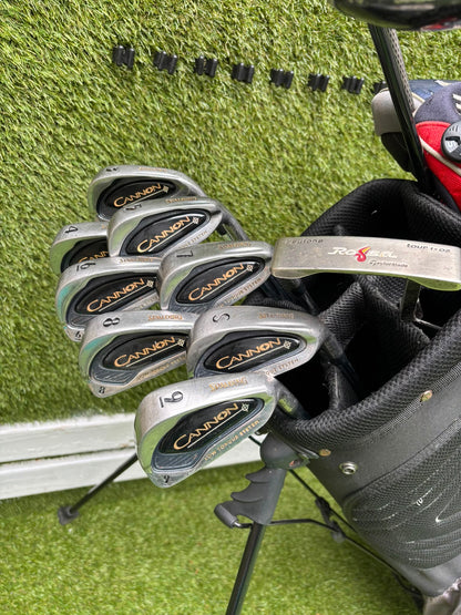 Nike Ignite Dymo² Driver, Spalding Cannon Irons (3–9, SW), TaylorMade Rescue & Rossa Putter | Callaway Stand Bag