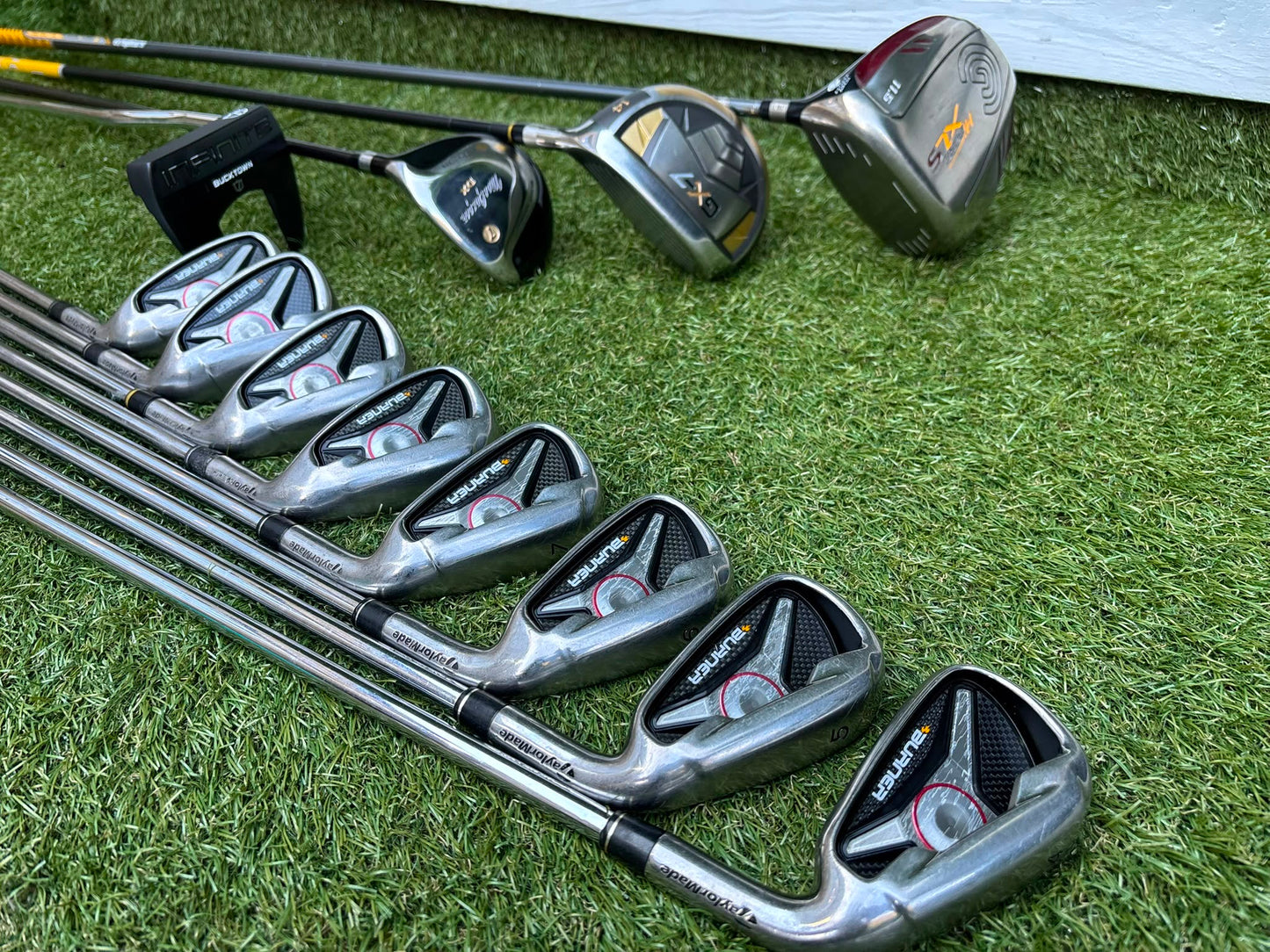TaylorMade Irons, Cleveland Driver, GX-7 Wood, MacGregor 7 Wood, Wilson Putter & Ping Stand Bag