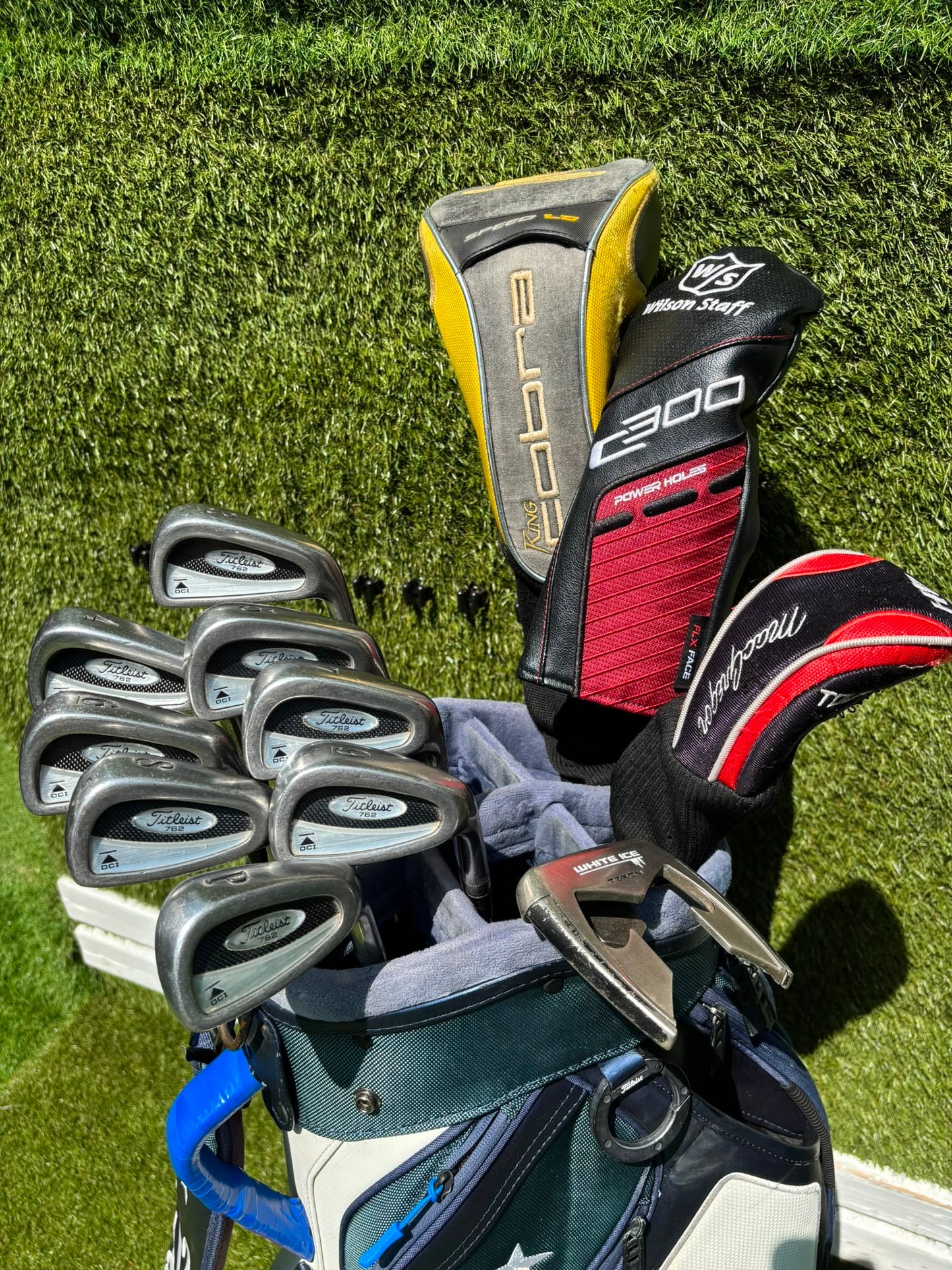 Titleist DCI 762 Irons, Cobra Driver, Odyssey White Ice Teron & Titleist Stars & Stripes Cart Bag
