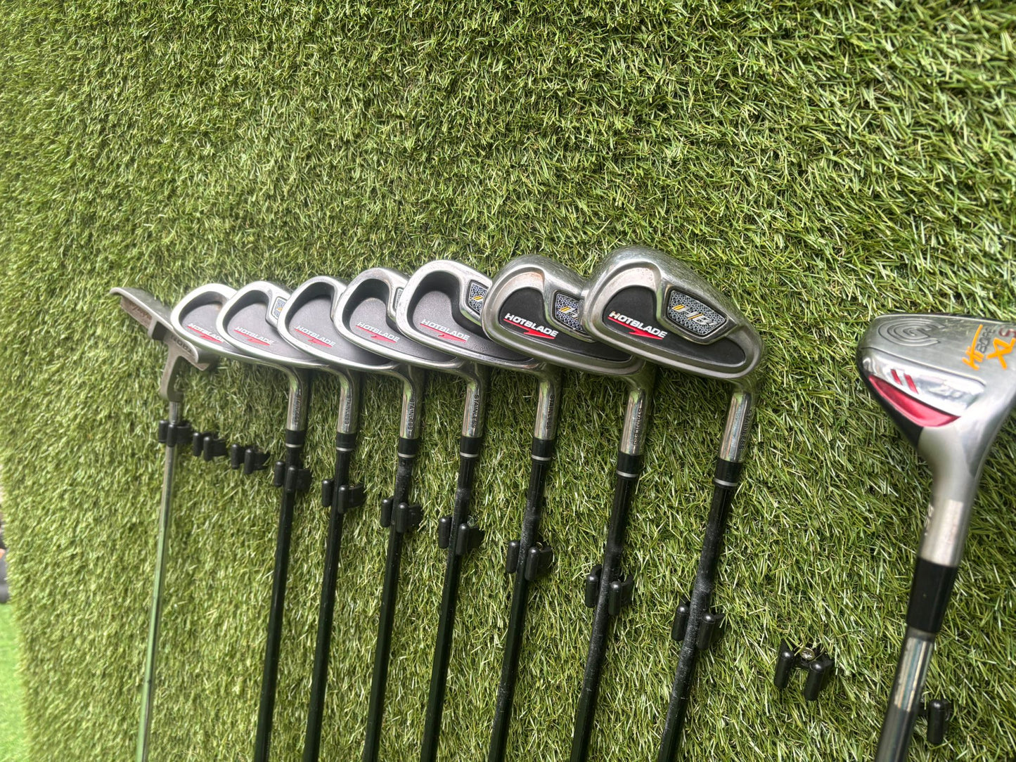 Wilson HotBlade Irons (5–SW) with Dunlop XPT Driver, Callaway & Mizuno Woods, Cleveland Hybrid Benross Cart Bag (12 Clubs)
