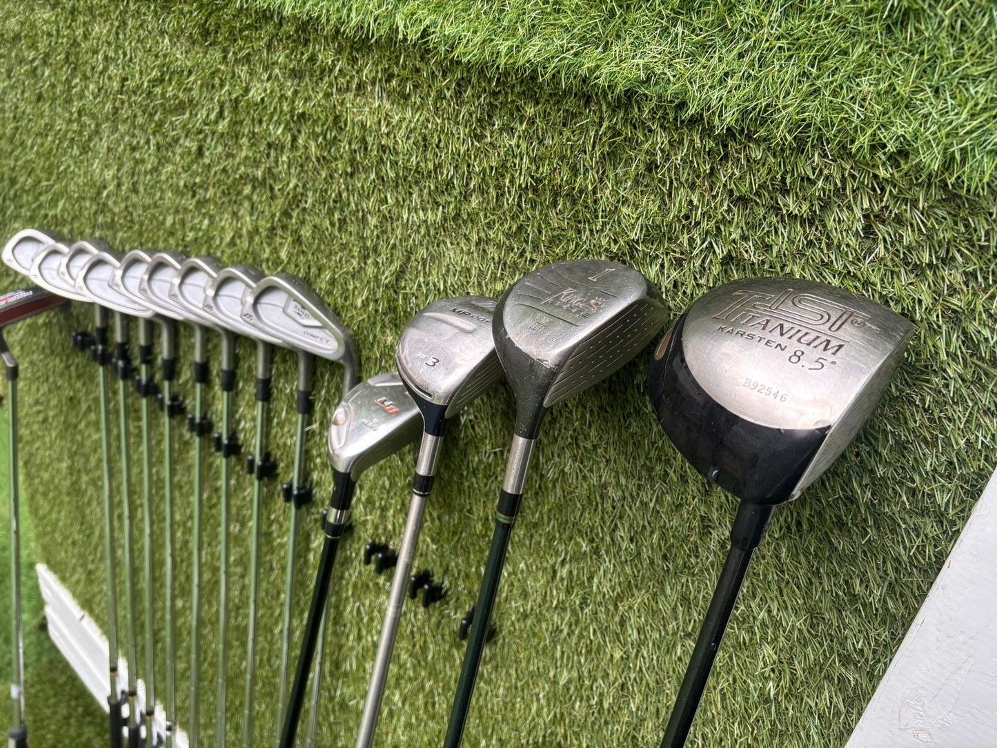 Mizuno Zoid Comp CT Irons + Titleist & Cobra Drivers + Mizuno Woods + Tail Moore Putter + PowaKaddy Cart Bag – 14 Clubs