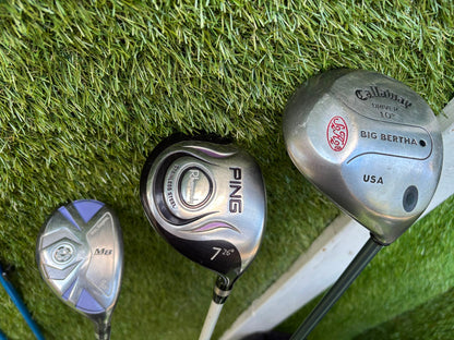 Ladies Yasuda SP-1800 Irons, Callaway Big Bertha Driver, Ping Rhapsody 7 Wood, Ben Sayers Hybrid & Stand Bag