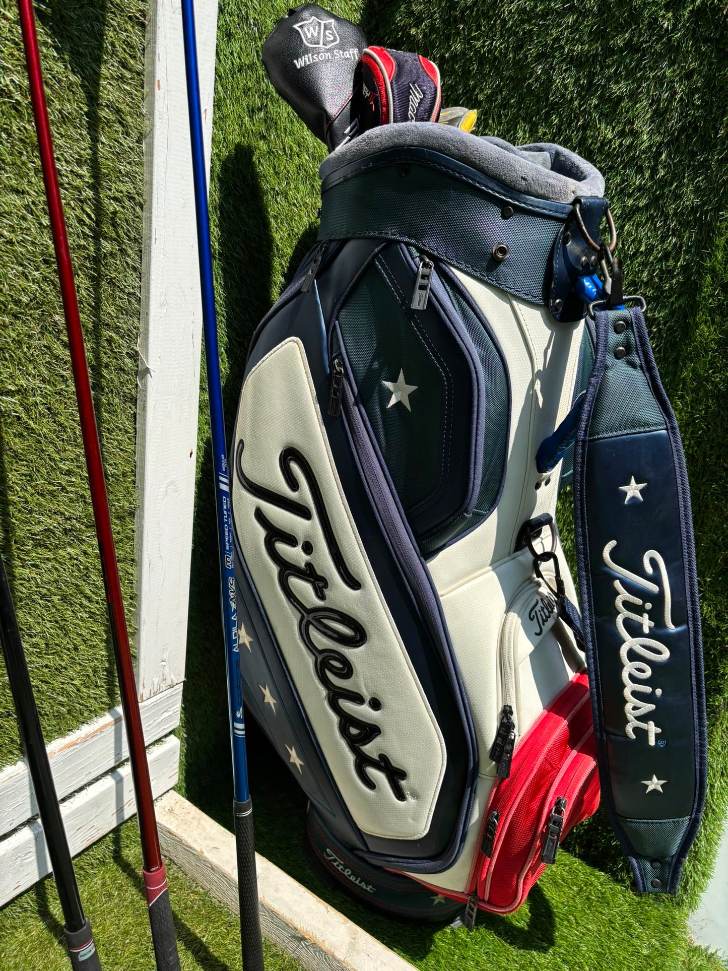 Titleist DCI 762 Irons, Cobra Driver, Odyssey White Ice Teron & Titleist Stars & Stripes Cart Bag