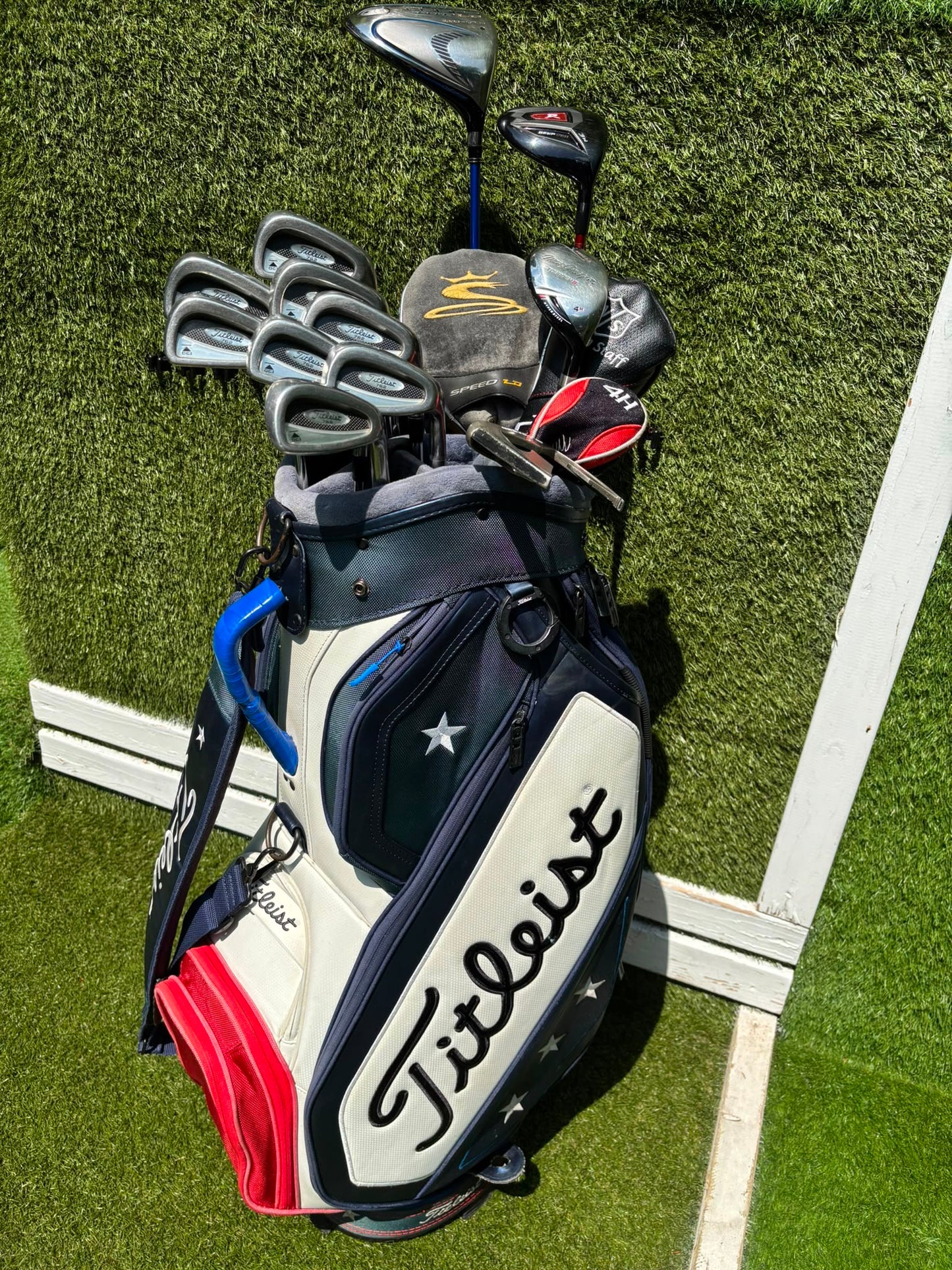 Titleist DCI 762 Irons, Cobra Driver, Odyssey White Ice Teron & Titleist Stars & Stripes Cart Bag