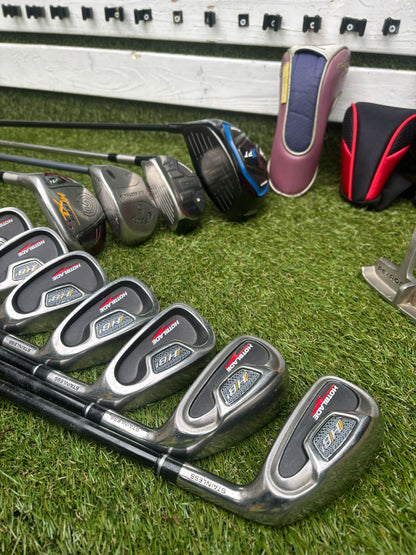 Wilson HotBlade Irons (5–SW) with Dunlop XPT Driver, Callaway & Mizuno Woods, Cleveland Hybrid Benross Cart Bag (12 Clubs)