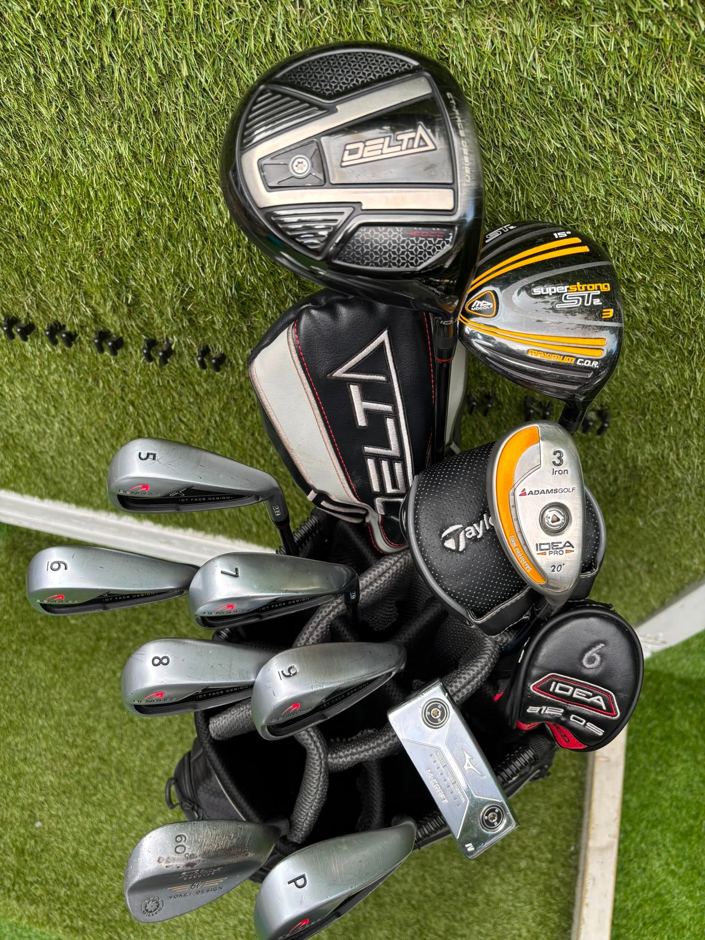 Benross Delta X Irons, Delta Driver, Adams Idea Pro Hybrid, Mizuno M-Craft IV, Vokey SM6 & Greg Norman Cart Bag