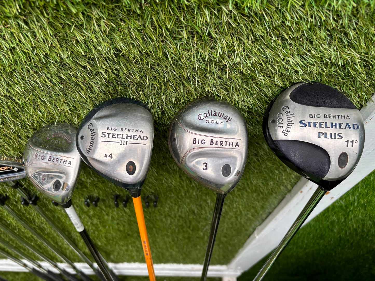 Callaway Big Bertha Woods, Spalding Cannon Irons (5–PW), Tad Moore Wedge & Caddymatic Cart Bag
