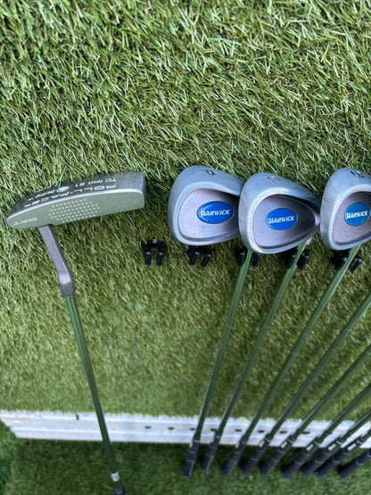 Warwick Iron Set (3–SW) + Mizuno F-60 3 Wood + Hybrid + Putter + TaylorMade Cart Bag