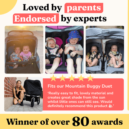 SnoozeShade Twin Extra: sun and sleep shade and insect net for side-by-side double buggies and strollers