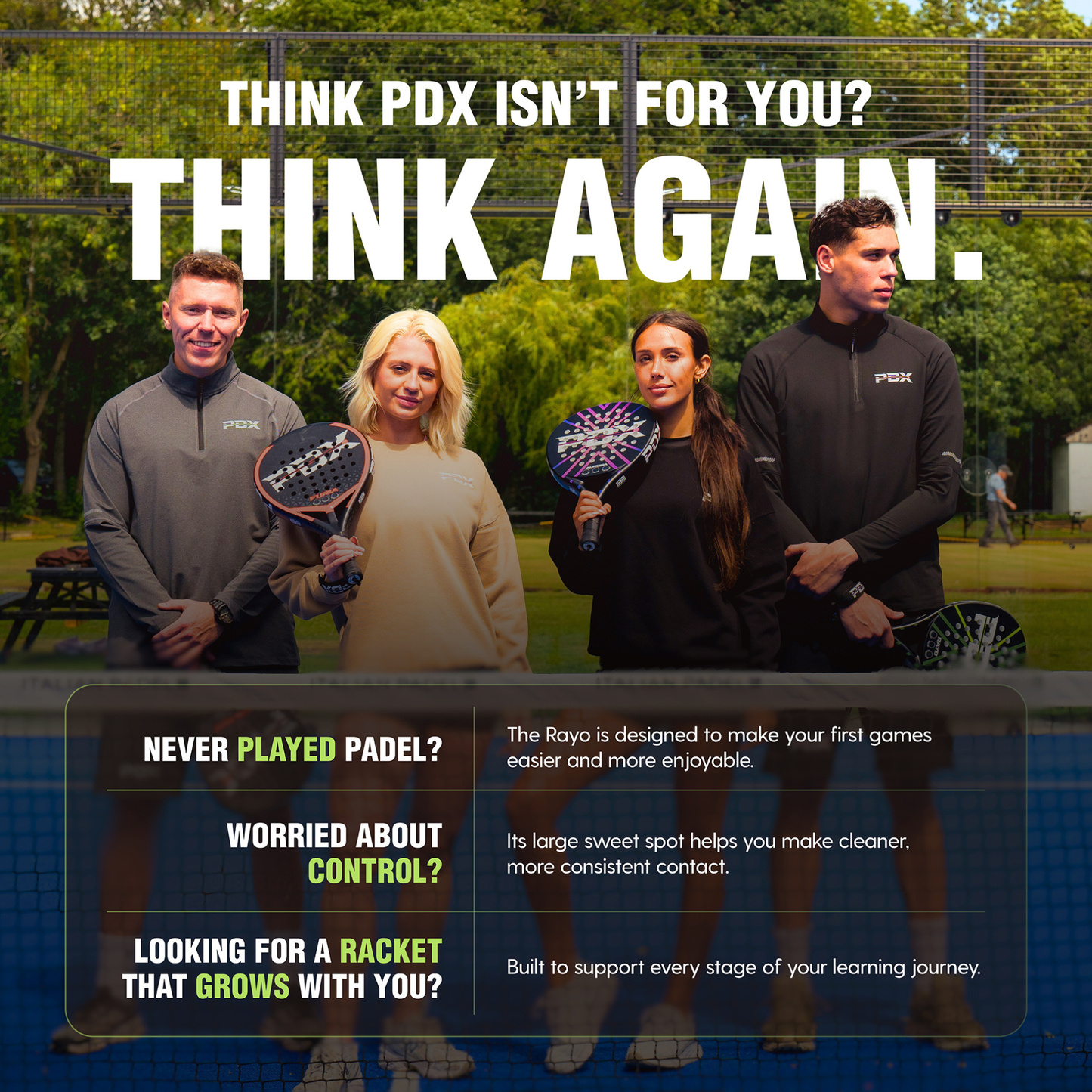 PDX Rayo Beginner Padel Racket | Complimentary Racket Carrier Bag | 30% Carbon 70% Fibreglass | 355g Round | Control