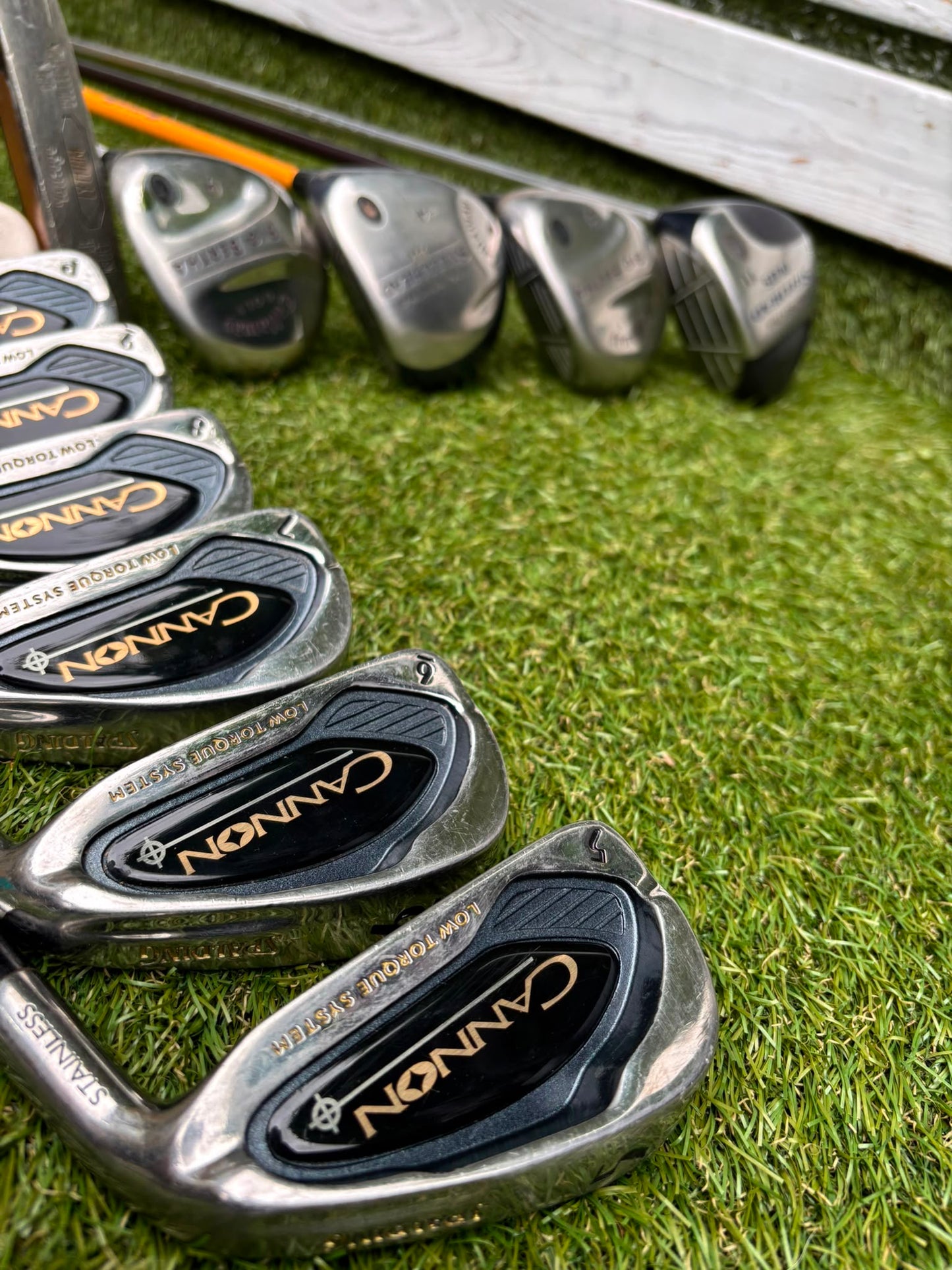 Callaway Big Bertha Woods, Spalding Cannon Irons (5–PW), Tad Moore Wedge & Caddymatic Cart Bag