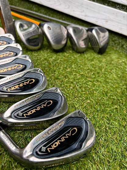 Callaway Big Bertha Woods, Spalding Cannon Irons (5–PW), Tad Moore Wedge & Caddymatic Cart Bag