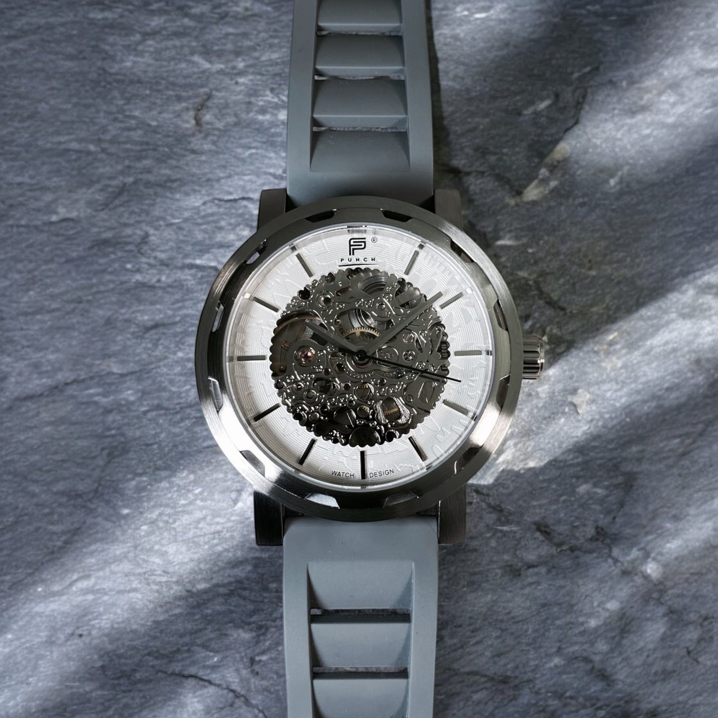 PUNCH Mens Watch, Silver & White Skeleton Automatic Watch - Grey Rubber Strap