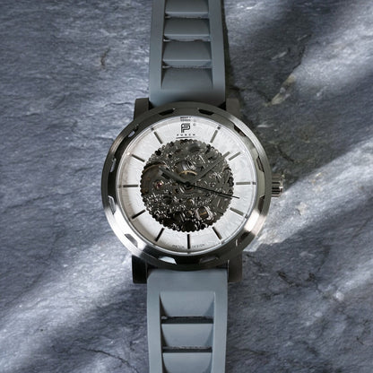 PUNCH Mens Watch, Silver & White Skeleton Automatic Watch - Grey Rubber Strap