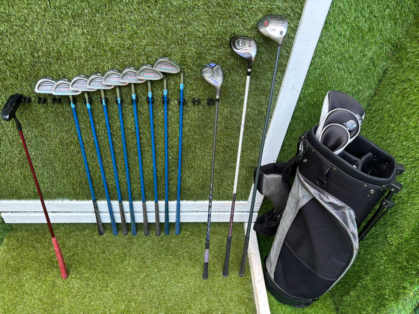 Ladies Yasuda SP-1800 Irons, Callaway Big Bertha Driver, Ping Rhapsody 7 Wood, Ben Sayers Hybrid & Stand Bag