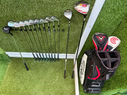 Wilson 3–SW Irons, TaylorMade Driver, Cleveland Fairway, Slazenger Putter & Titleist Cart Bag