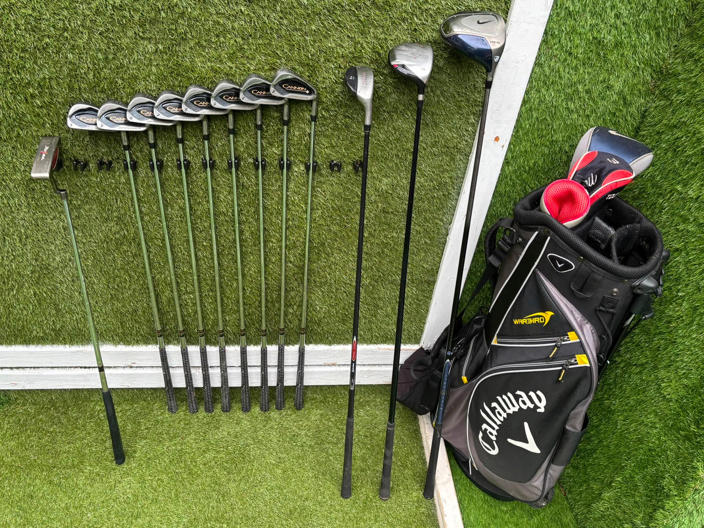 Nike Ignite Dymo² Driver, Spalding Cannon Irons (3–9, SW), TaylorMade Rescue & Rossa Putter | Callaway Stand Bag