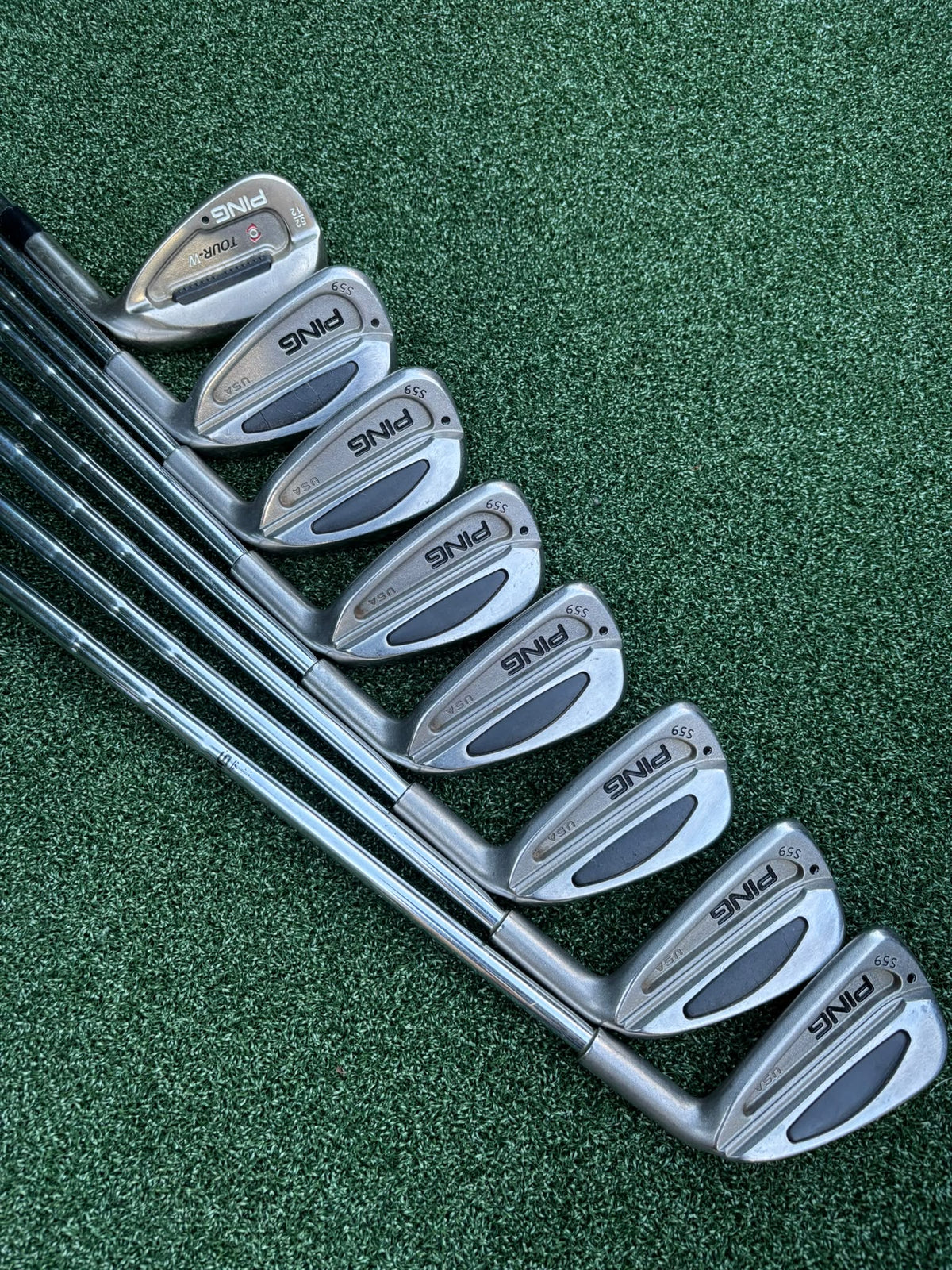 PING S59 4–PW Irons, Tour-W 52° Wedge, Cleveland HiBore Driver, Cobra 5 Wood, Mizuno Hybrid, MacGregor Putter & Stand Bag