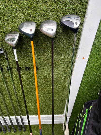 Callaway Big Bertha Woods, Spalding Cannon Irons (5–PW), Tad Moore Wedge & Caddymatic Cart Bag
