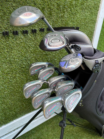 Ladies Yasuda SP-1800 Irons, Callaway Big Bertha Driver, Ping Rhapsody 7 Wood, Ben Sayers Hybrid & Stand Bag