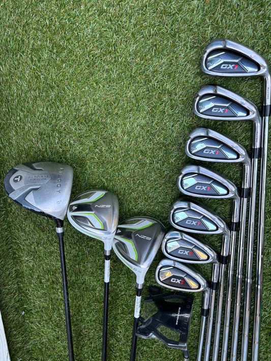 Masters GX1 Irons, Trilogy Ti-Matrix Driver, Dunlop NZ9 Fairway Woods, Wilson Infinite Buckingham Putter & PowaKaddy Cart Bag