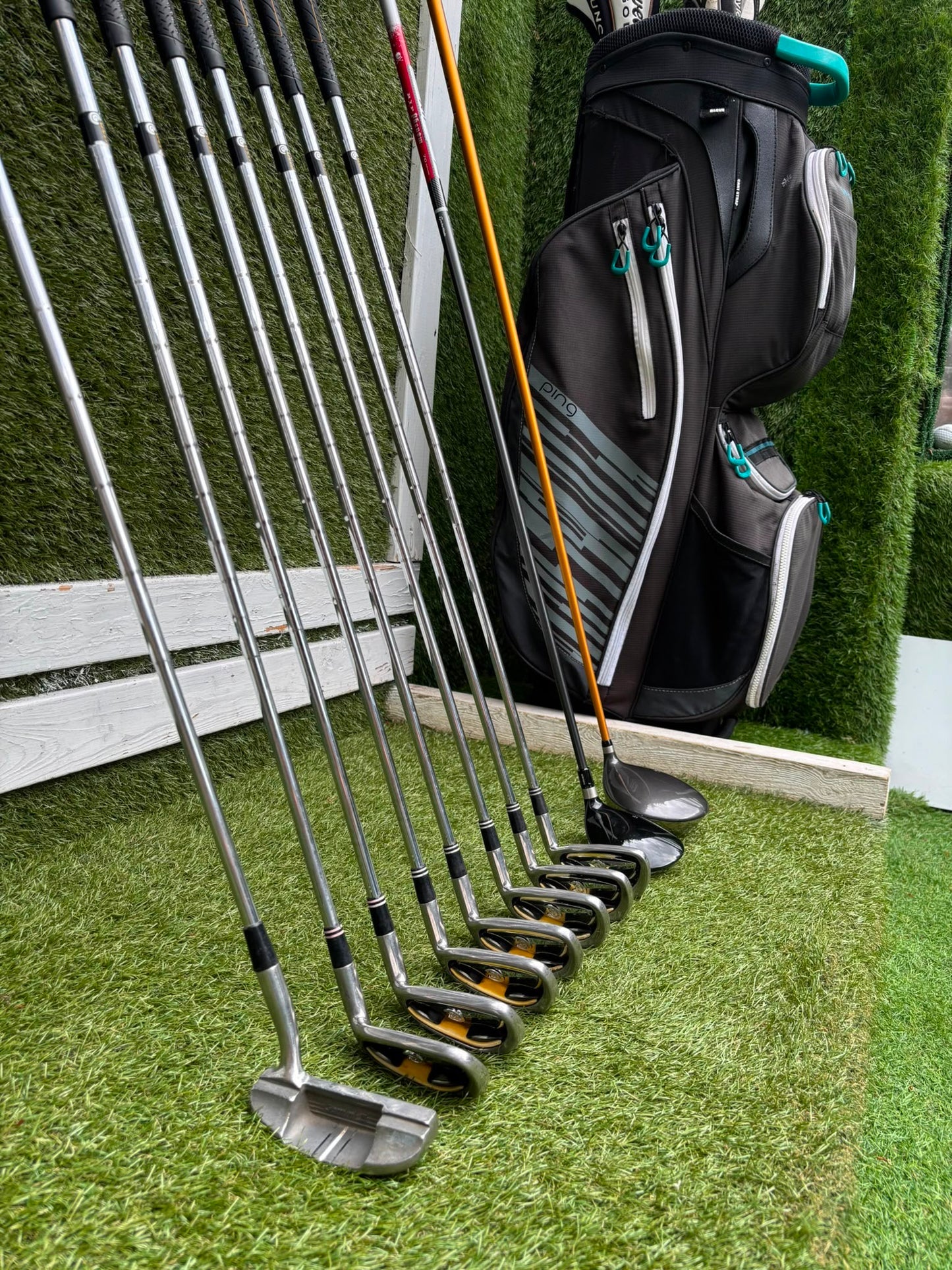 Cleveland CG7 Tour Irons, TaylorMade R9 Hybrid, Cleveland Launcher Driver & Ping Bag