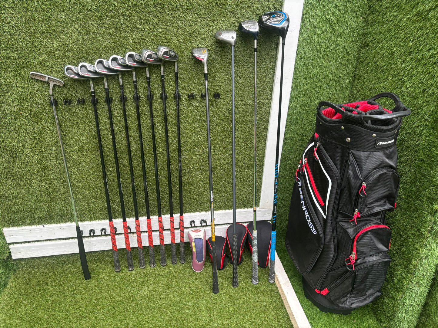 Wilson HotBlade Irons (5–SW) with Dunlop XPT Driver, Callaway & Mizuno Woods, Cleveland Hybrid Benross Cart Bag (12 Clubs)