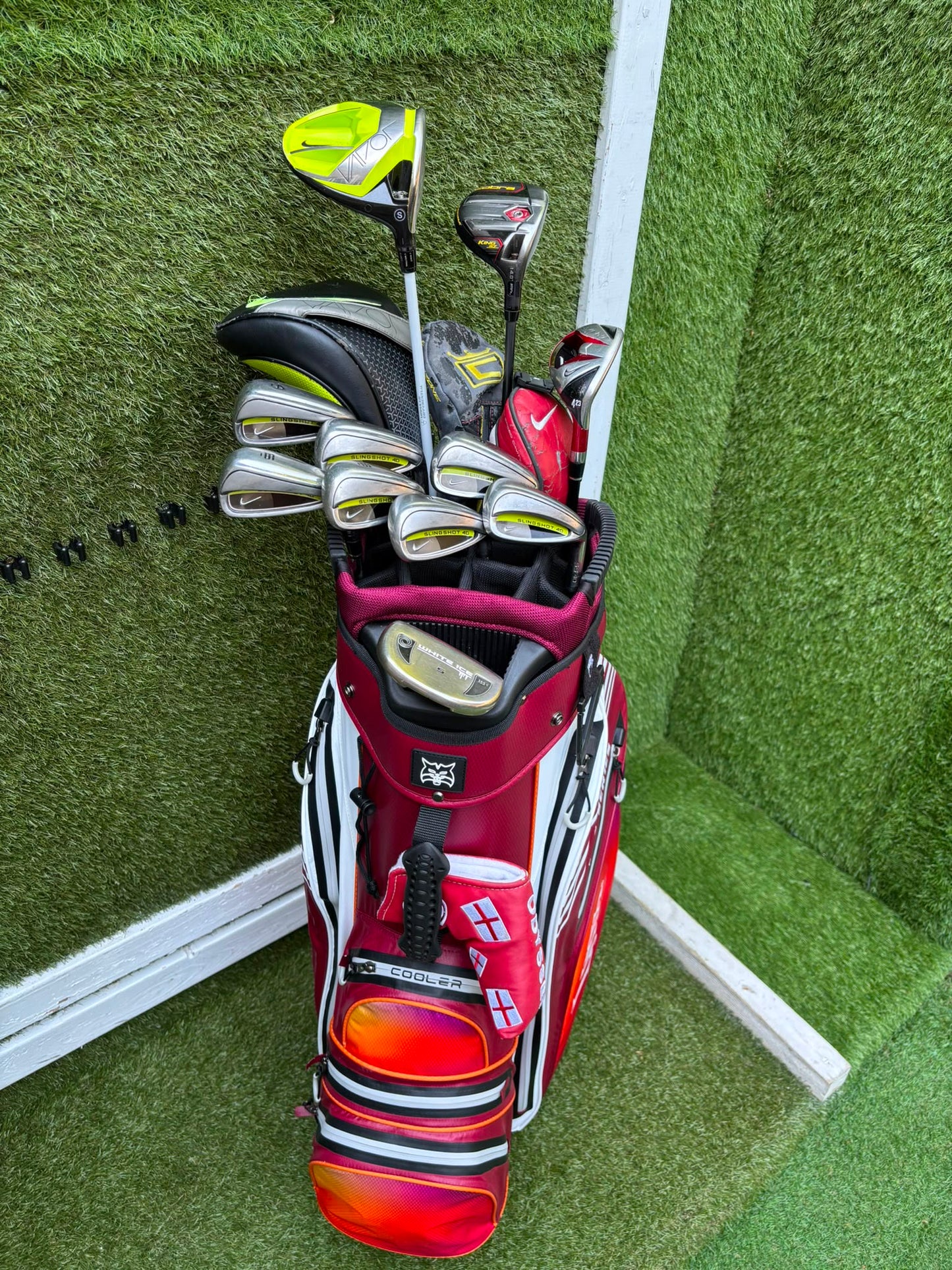 Nike Slingshot 4D Irons, Nike Driver, Cobra 4 Wood, Nike VR_S Hybrid, Odyssey Putter, New Lynx Waterproof Cart Bag