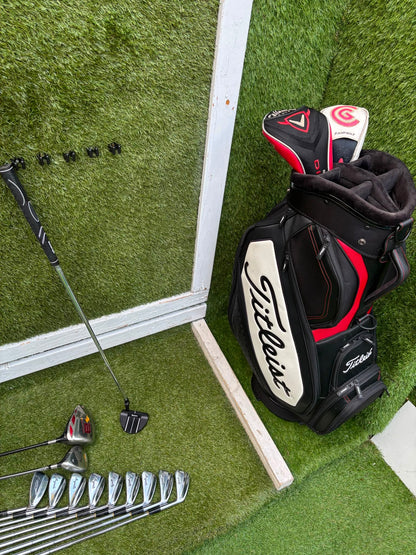 Wilson 3–SW Irons, TaylorMade Driver, Cleveland Fairway, Slazenger Putter & Titleist Cart Bag