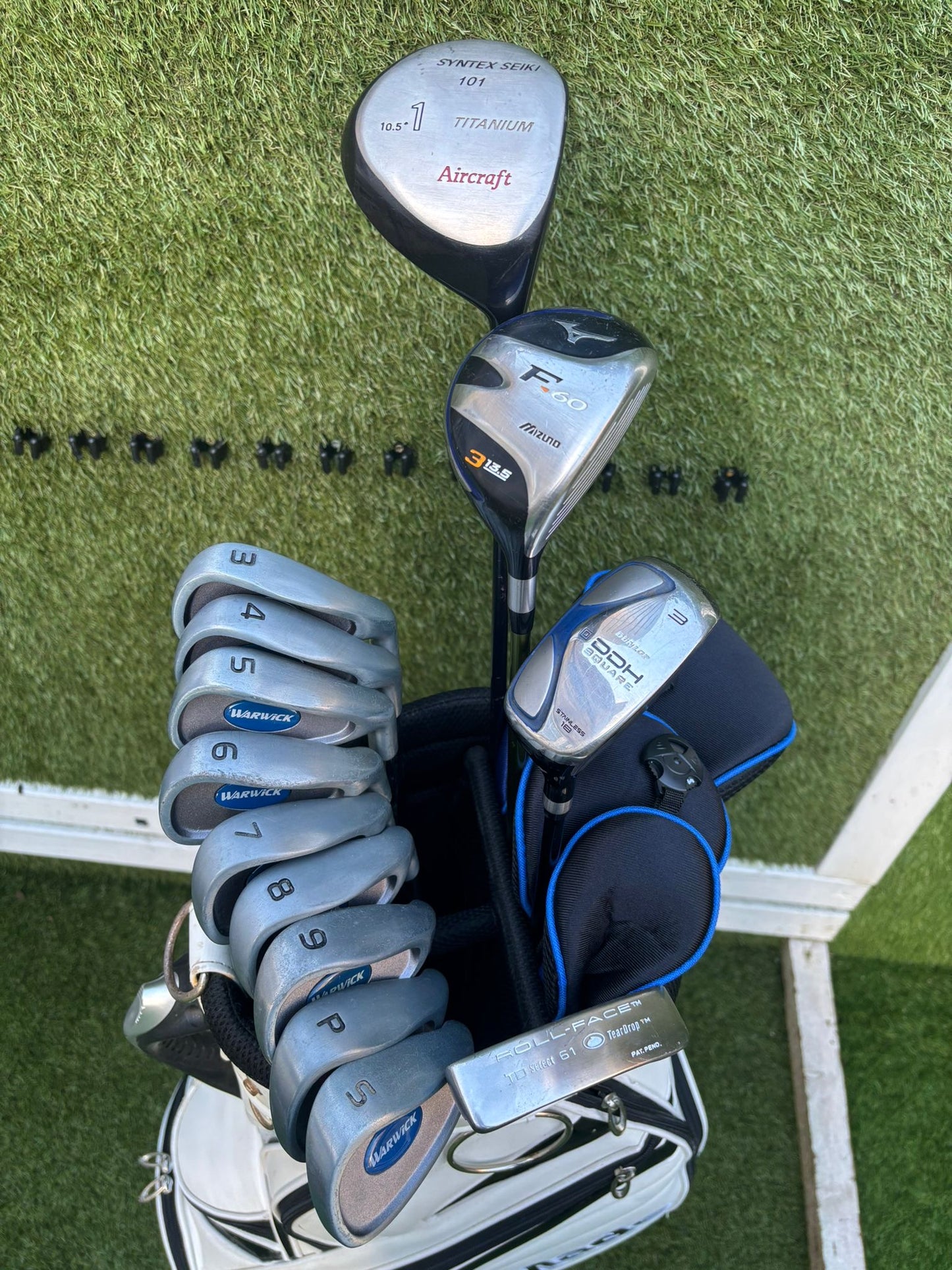 Warwick Iron Set (3–SW) + Mizuno F-60 3 Wood + Hybrid + Putter + TaylorMade Cart Bag