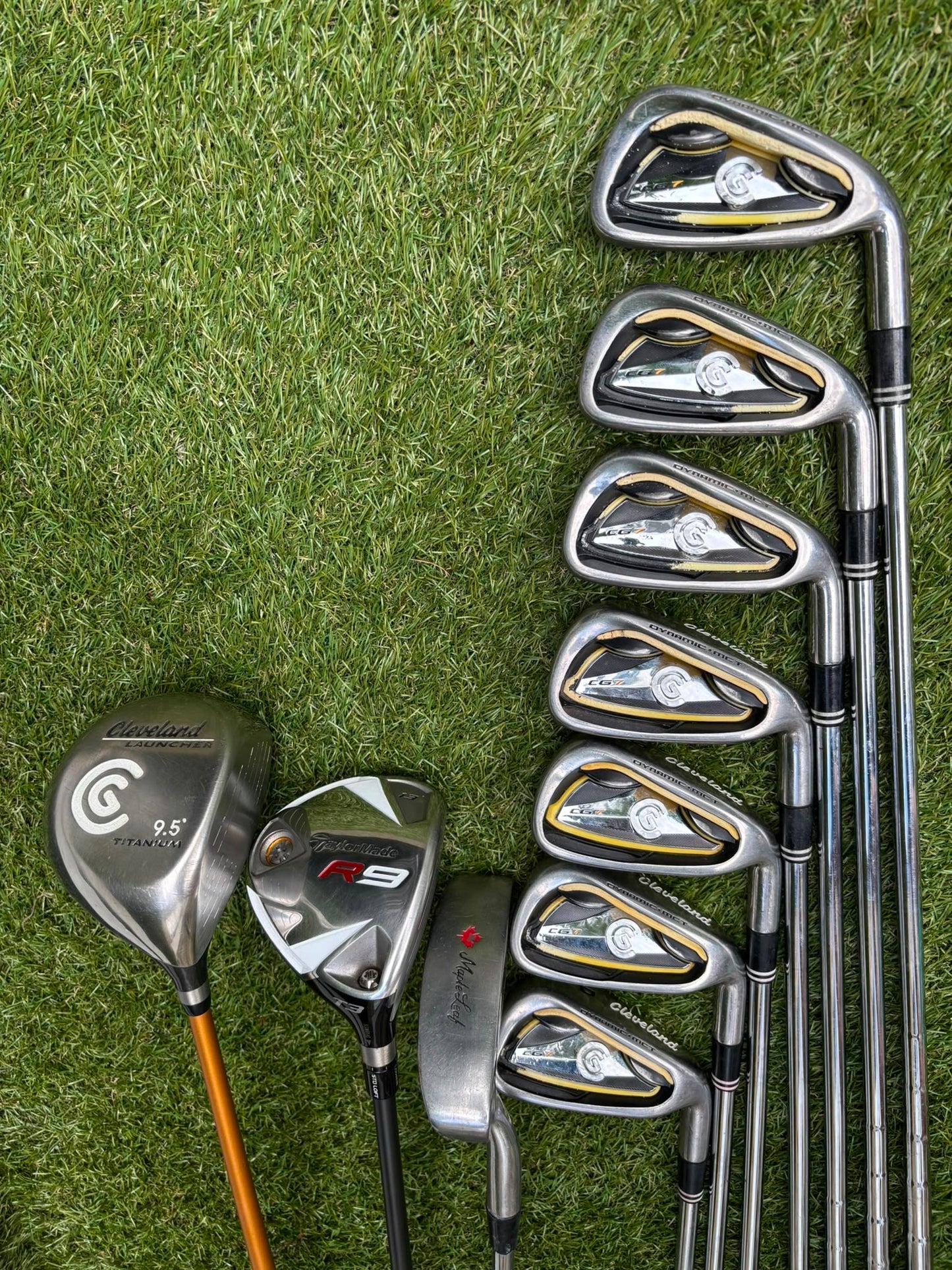 Cleveland CG7 Tour Irons, TaylorMade R9 Hybrid, Cleveland Launcher Driver & Ping Bag