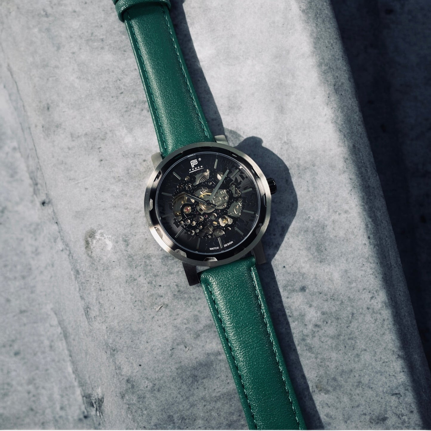 PUNCH Mens Watch, Black & Silver Skeleton Automatic Watch - Green Leather Strap
