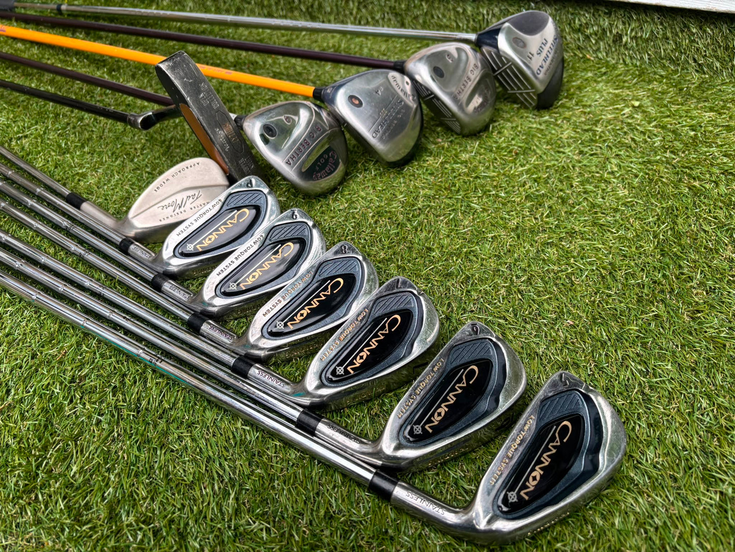 Callaway Big Bertha Woods, Spalding Cannon Irons (5–PW), Tad Moore Wedge & Caddymatic Cart Bag